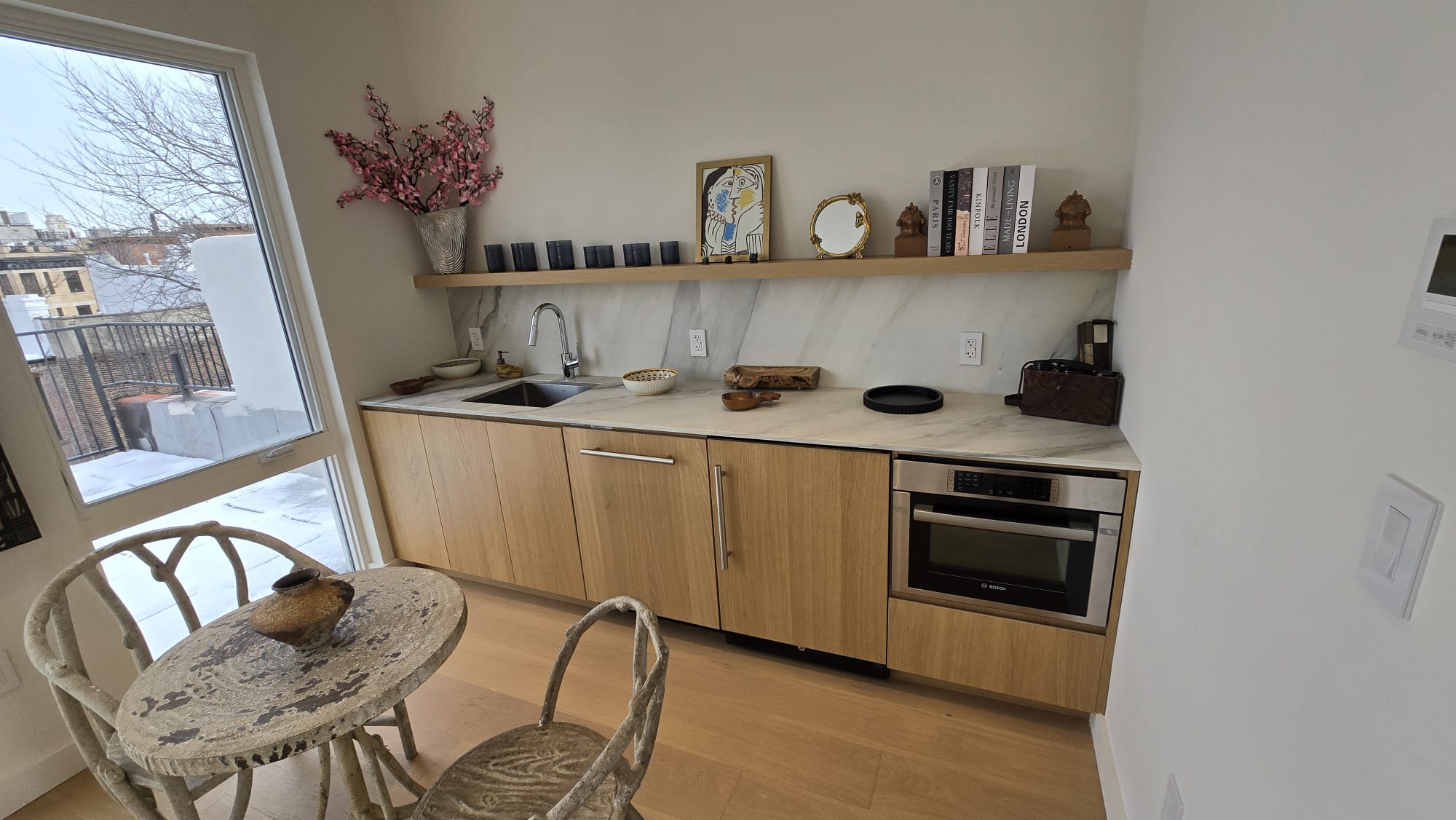 Completed Kitchen — Wood Cabinets & Marble Backsplash